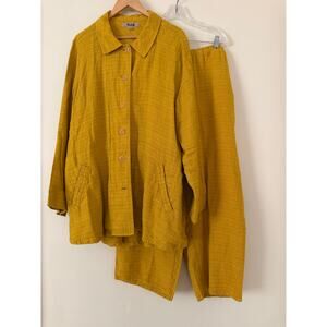 FLAX JEANNE ENGELHART 100% Linen Set Button Top Pants L Goldenrod Yellow Button